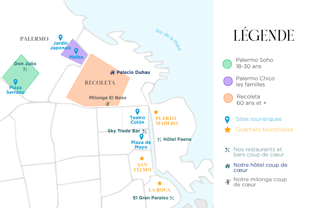 carte quartiers Buenos Aires où loger où sortir selon profil Palermo Recoleta San Telmo