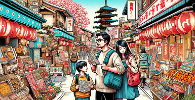 Famille visitant le Japon, style manga