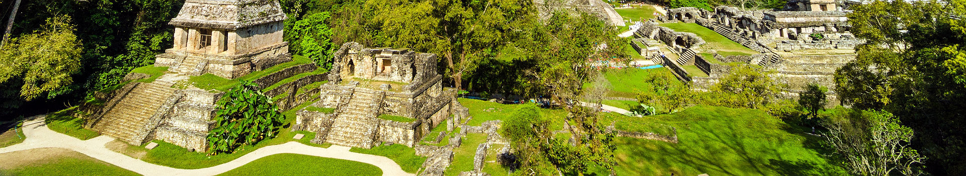 Vue d'ensemble du site de Palenque avec le palais et des temples au Mexique