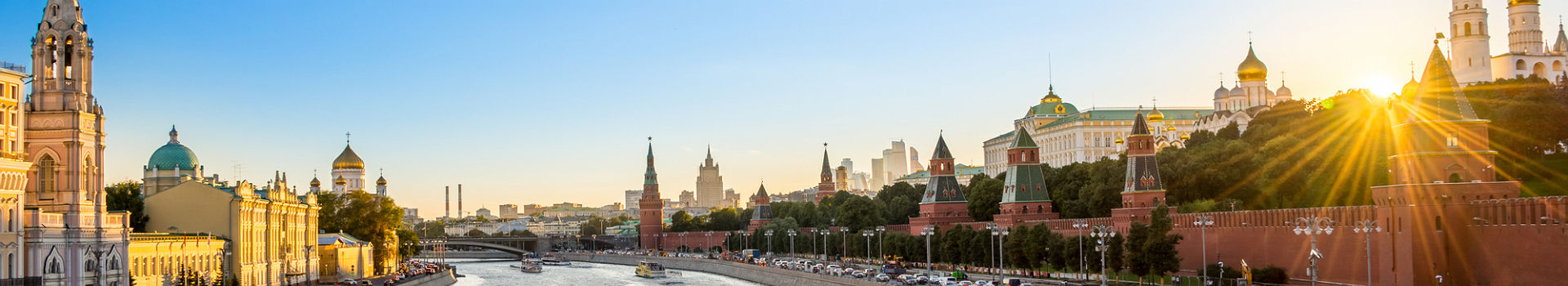 Panorama of the Moskva river with the Kremlin's towers at sunset, Moscow, Russia