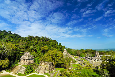 Vue d'ensemble du site de Palenque avec le palais et des temples au Mexique