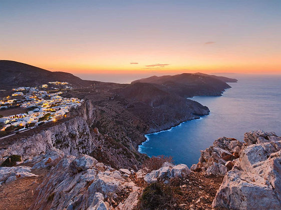 View of Folegandros village and surrounding landscape