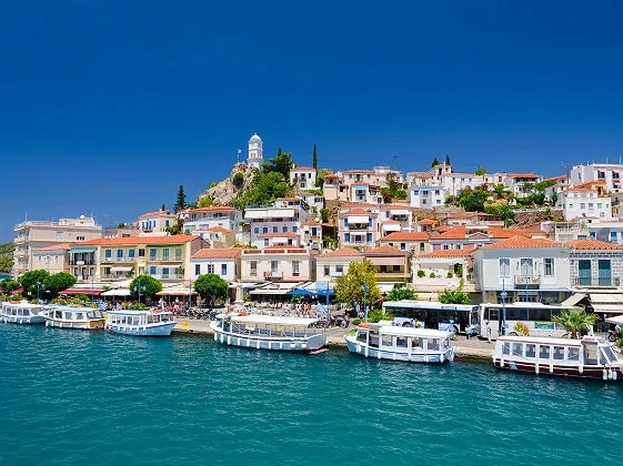 View on greek island Poros at sunny summer day