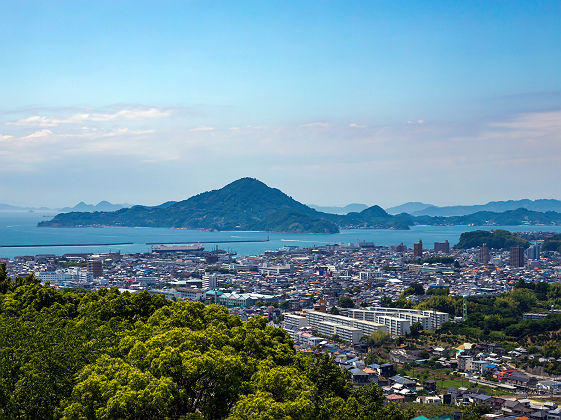 Matsuyama cityscape and gogoshima island ,Shikoku