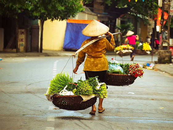 Vietnam - Portrait d'une commerçante de fleurs dans les rues du marché à Hanoi