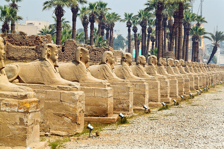 Rangée de statues tête de pharaon au temple Karnak à Louxor