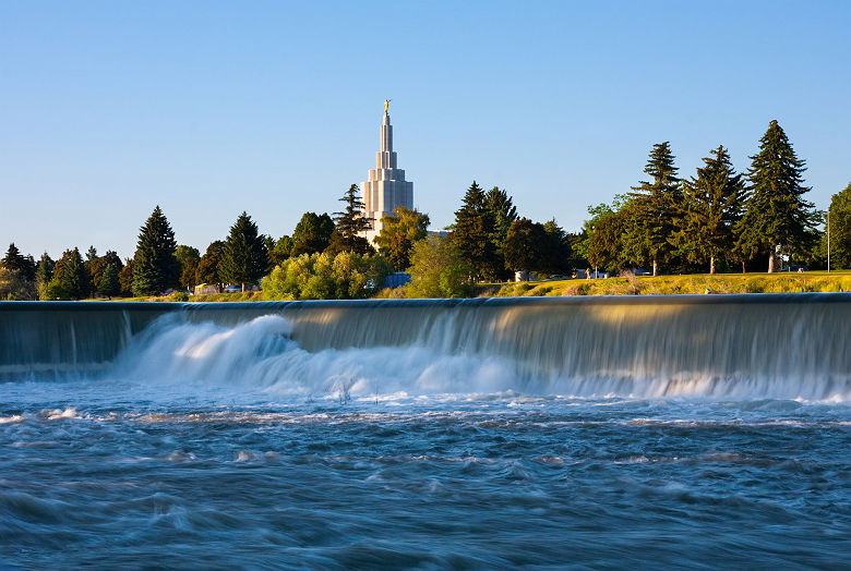 Idaho Falls Temple next to Snake River in Idaho Falls