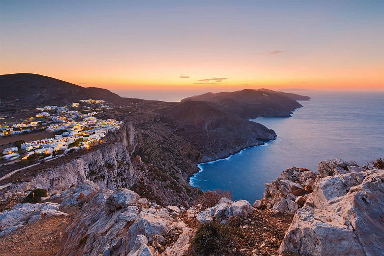 View of Folegandros village and surrounding landscape