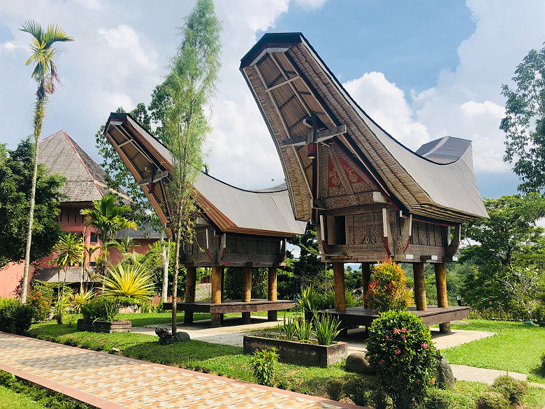 Maisons traditionnelles des Toraja. Appelées &quot;Tongkonan&quot;, elles sont sculptées en bois. Île de Sulawesi.