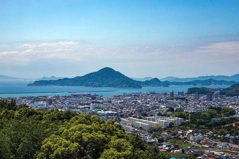 Matsuyama cityscape and gogoshima island ,Shikoku