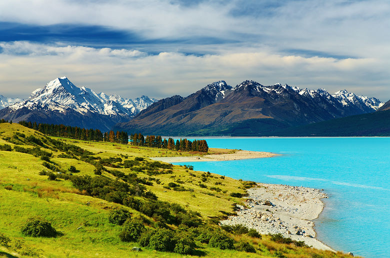 Nouvelle Zélande - Vue sur le lac Pukaki et la montagne Cook en arrière-plan
