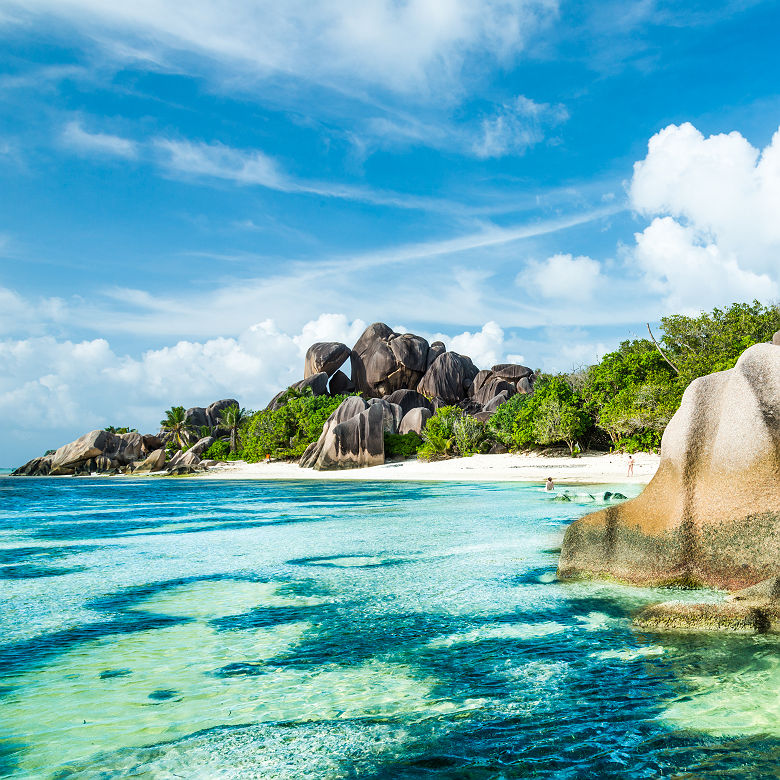 Seychelles - Vue sur la plage Anse Source d'Argent à l'île La Digue