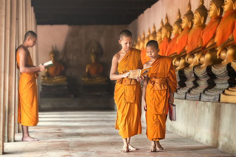 Jeunes moines au Ayutthaya Historical Park - Thaïlande