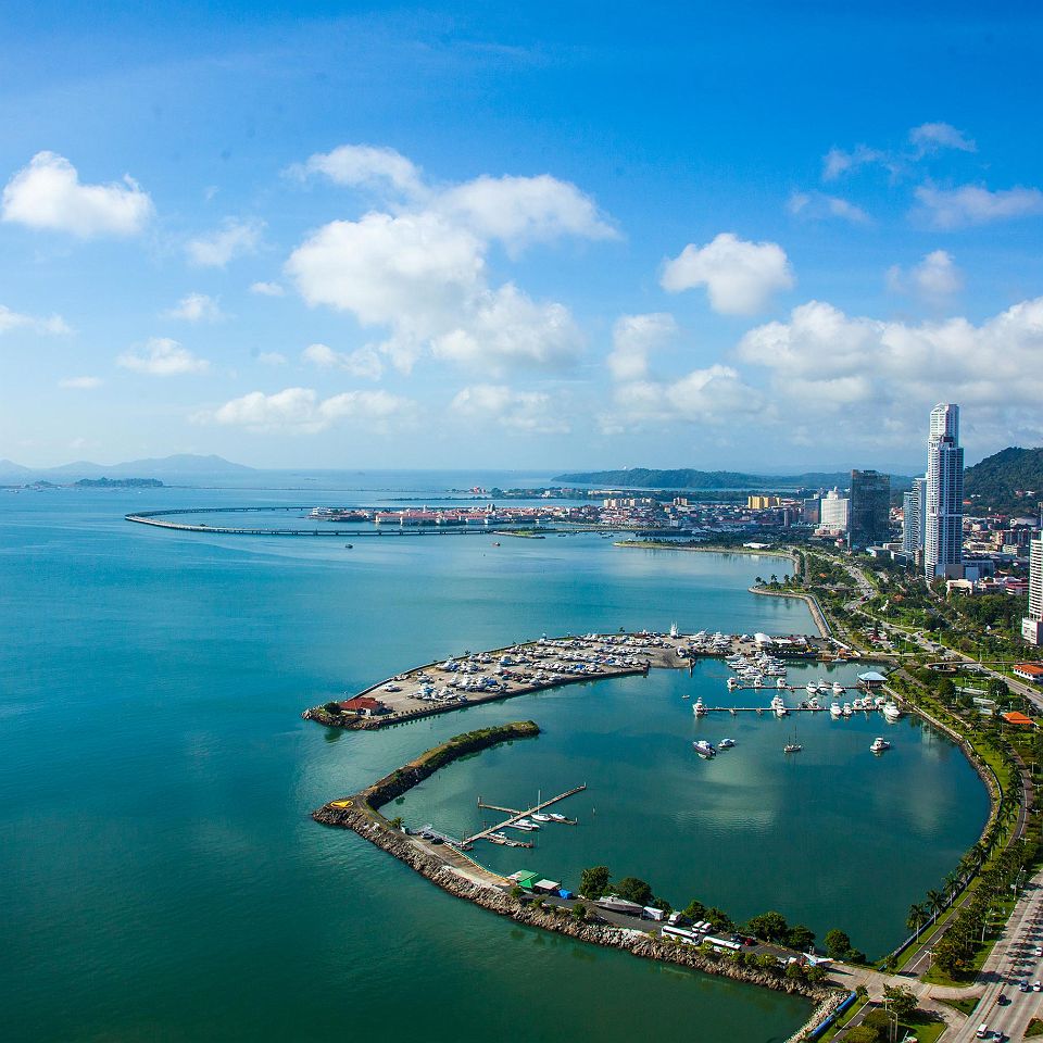 Aerial View from Panama City in Panama.View to Casco Viejo and Panama Canal