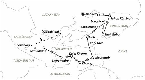 Carte programme Ouzbékistan - Kirghizistan - Tadjikistan : Routes Caravanières