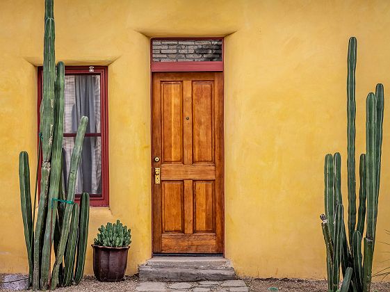 Porte de maison, façade colorée avec cactus, Tucson