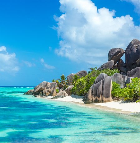 Seychelles - Vue sur la plage Anse Source d'Argent à l'île La Digue