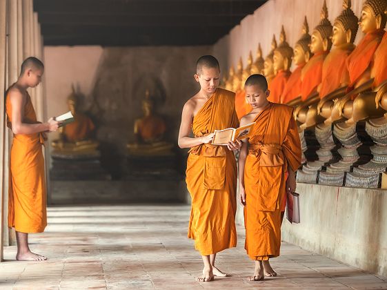 Jeunes moines au Ayutthaya Historical Park - Thaïlande
