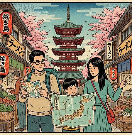 Famille visitant le Japon, style manga