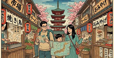 Famille visitant le Japon, style manga