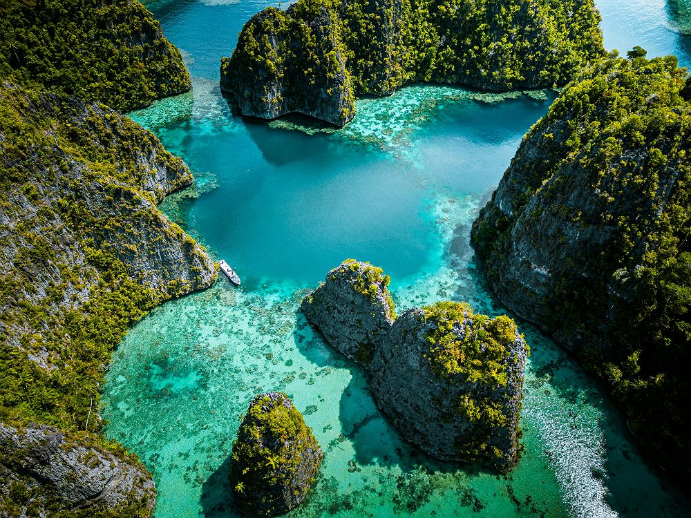 Raja Ampat, vue aérienne, îlot, barrière de corail, eau turquoise, Indonésie