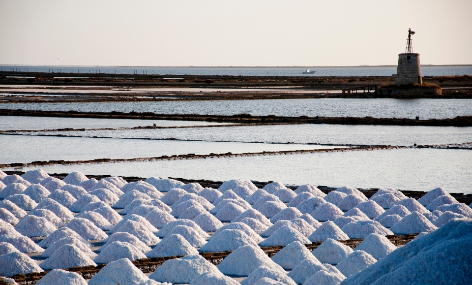 marais salants de marsala à l'aube en sicile en italie